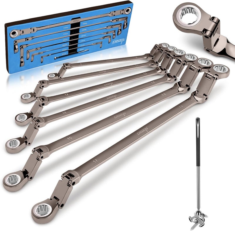 DISEN Upgraded Double Jointed Extra Long Flex Head Ratchet Wrench Set, 6 PCS Metric 8-19mm Box End Ratcheting Wrench set with Magnetic Pickup Tool, 72-Teeth, Cr-V Steel,12 Point, Grey Nickel - Image 1